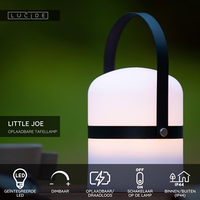 Lucide LITTLE JOE - Oplaadbare Tafellamp Binnen/Buiten - Accu/Batterij - Ø 10 cm - LED Dimb. - 1x0,3W 3000K - IP44 - Zwart